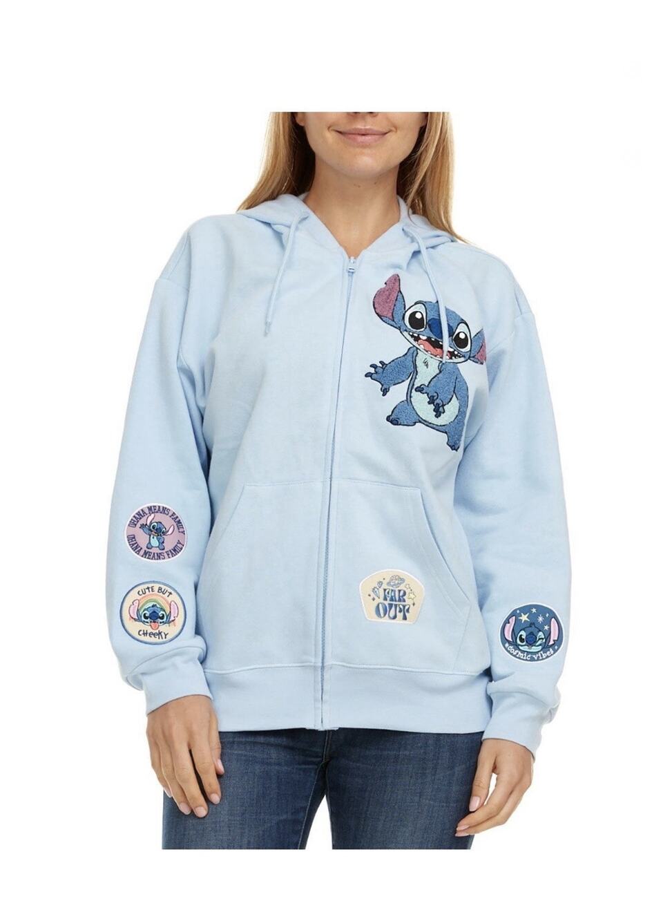 Disney Stitch Blue Embroidered Appliqué Patches Zip Up Hoodie Jacket Size XL